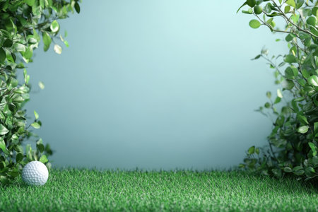 A golf ball sits on well-maintained grass bordered by green leaves in a calm outdoor environment.の写真素材