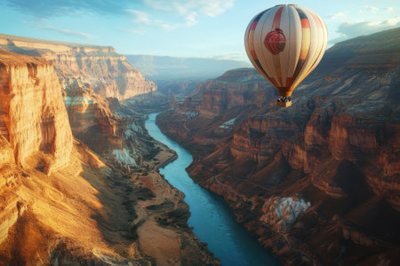 A colorful hot air balloon floats over the Grand Canyon at sunrise, revealing stunning rocks and a winding river.の写真素材