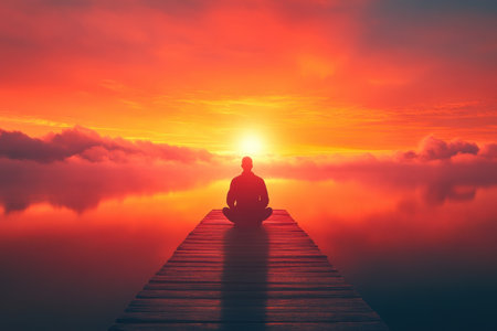 A person sits cross-legged on a wooden dock, meditating as vibrant sunset colors reflect on the water.の写真素材