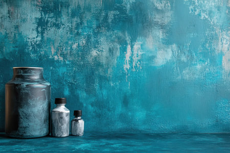 Ceramic vases in varying sizes rest on a rustic wood surface against a textured teal backdrop.の写真素材