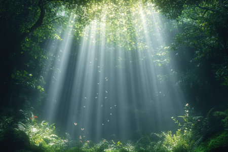 Sunlight streams down from above, illuminating lush ferns and butterflies in a tranquil forest setting.の写真素材