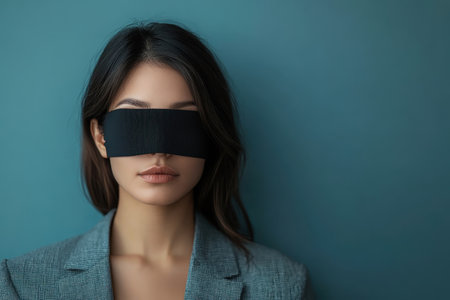 A woman poses confidently with her eyes covered, dressed in a gray blazer against a soft blue background.の写真素材