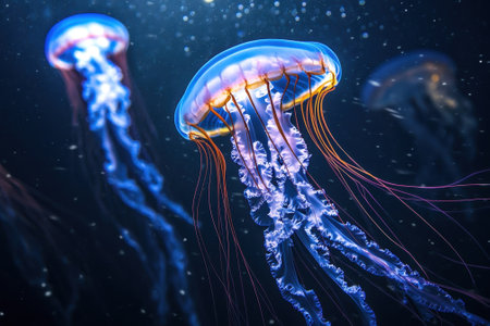 A group of luminous jellyfish moves fluidly through deep ocean waters, illuminating the surroundings.の写真素材