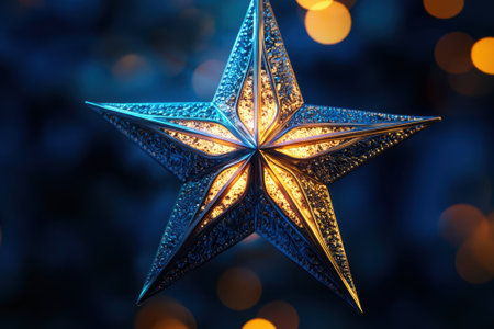 A beautiful star ornament emits a warm glow, surrounded by soft, blurred lights in a festive setting.の写真素材