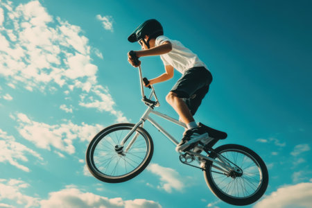 A boy in a helmet rides a BMX bike, soaring through the air on a sunny day, showcasing his skills.の写真素材