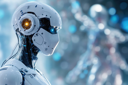 A humanoid robot features prominent blue and orange lights while observing a digital environment.の写真素材