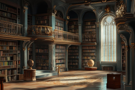A grand library features towering bookshelves, a large globe, and sunlight illuminating the interior.の写真素材