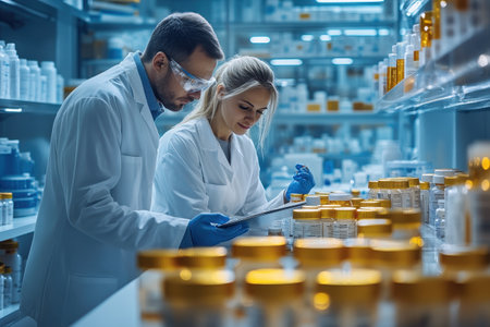 Two scientists analyze data on a tablet while studying medication containers in a laboratory.の写真素材