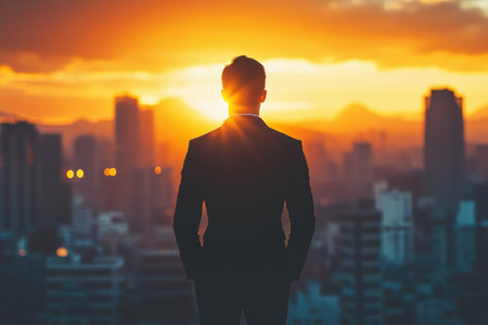 A businessman stands in a suit, gazing at a stunning sunset over the city skyline filled with towers and lights.の写真素材
