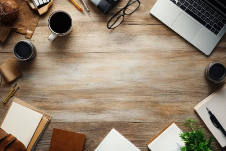 A well-organized workspace features a laptop, coffee, and various stationery items on a wooden desk.の写真素材