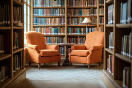 Two inviting orange armchairs surround a small table in a quiet library filled with bookshelves.の写真素材