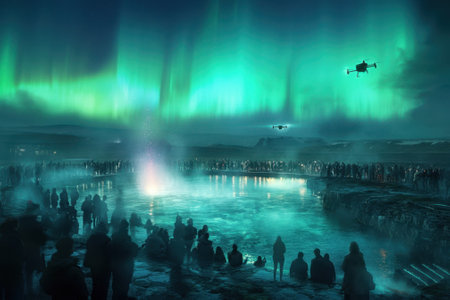 Crowds gather at a frozen lake to witness a stunning display of northern lights and drones at night.の写真素材