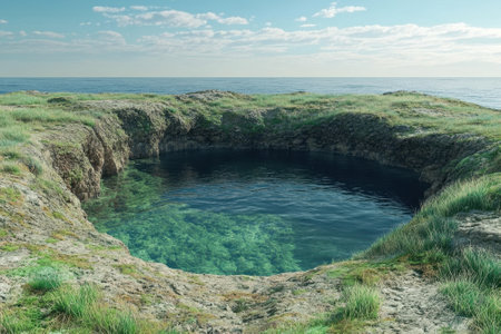 Circular pond with crystal clear water reflects the sky, bordered by lush grass and rocky terrain.の写真素材