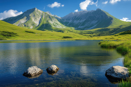 Bright green hills surround a calm lake, reflecting mountains in a stunning display of nature's beauty.の写真素材