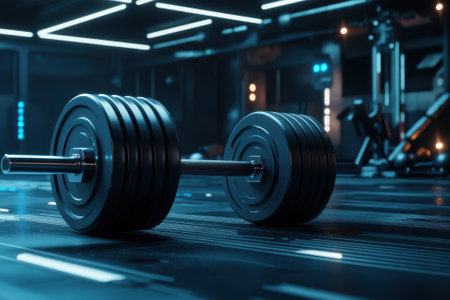 Heavy weights rest on the gym floor, showcasing a sleek, contemporary fitness environment with blue lights.の写真素材