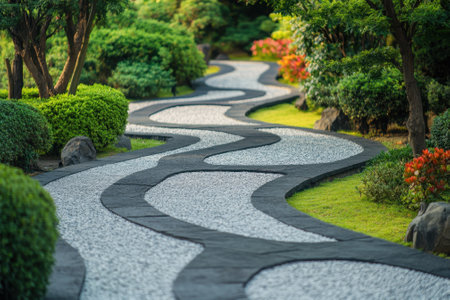 A winding pathway made of stone and gravel traverses a vibrant garden filled with greenery and flowers.の写真素材
