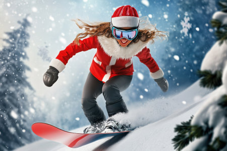 A woman joyfully snowboards down a snowy hill, wearing a festive red outfit with a fur trim in winter.の写真素材
