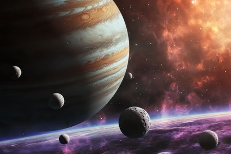 Jupiter and its moons are vividly displayed against a colorful cosmic backdrop filled with stars.の写真素材