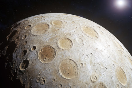 A detailed view of the moon's rugged surface highlights numerous craters and unique terrain.の写真素材