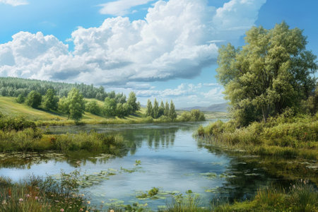 Lush trees surround a calm river reflecting fluffy clouds, showcasing nature's beauty in a peaceful setting.の写真素材