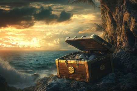A vintage treasure chest rests on rocky terrain, ocean waves crashing nearby as the sun sets in the background.の写真素材