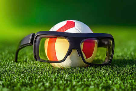 Colorful goggles sit next to a vibrant soccer ball on a lush green field during daylight.の写真素材