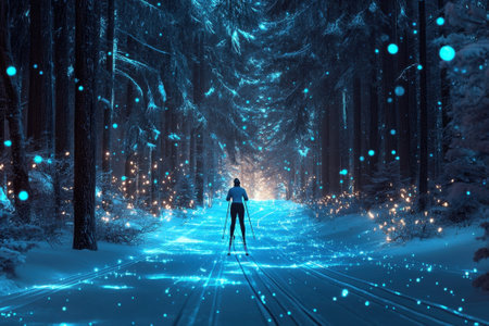 A skier moves effortlessly along a snowy trail in a mystical forest illuminated by enchanting lights.の写真素材