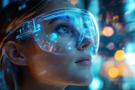 Woman using AR glasses interacts with holographic data, highlighting tech innovation.の写真素材