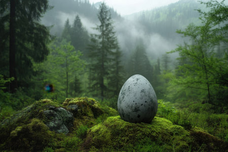 A large stone egg rests on moss-covered ground in a dense forest shrouded in mist during early morning.の写真素材