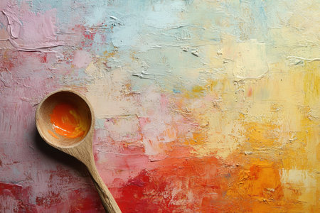 A wooden spoon leans on a textured background filled with vibrant colors, showcasing abstract art beautifully.の写真素材