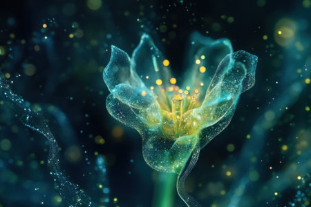 A stunning flower emits bright light and sparkles in a dark, enchanting setting, captivating the viewer's attention.の写真素材