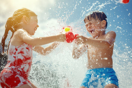 Two children laugh and enjoy a playful water fight at the beach while splashing water joyfully.の写真素材