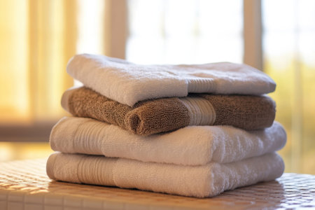 Four neatly stacked towels of different colors rest on a table, illuminated by warm natural light.の写真素材