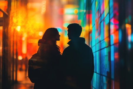 Silhouetted couple shares a moment against a vibrant backdrop of glowing colors in an urban setting.の写真素材