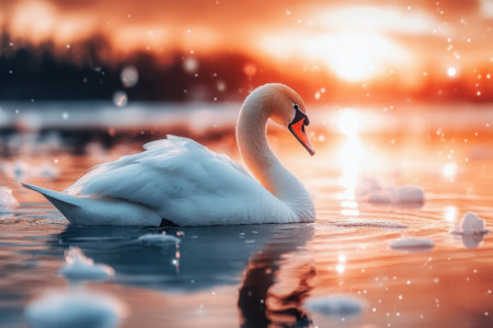 A graceful swan swims through calm waters as snowflakes gently fall during a stunning sunset.の写真素材