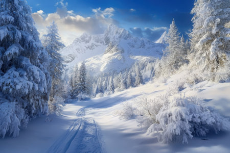 A winding path through thick snow leads into majestic mountains under a bright blue sky at dawn.の写真素材