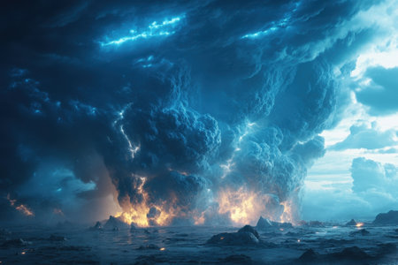 A powerful thunderstorm erupts over the ocean, with dark clouds illuminated by lightning.の写真素材