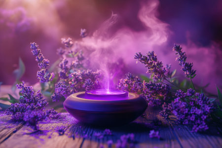Purple smoke rises from an incense burner surrounded by fresh lavender flowers, creating a tranquil atmosphere.の写真素材
