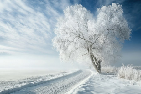 A frosted tree stands tall beside a winding road, surrounded by a serene winter landscape and clear sky.の写真素材