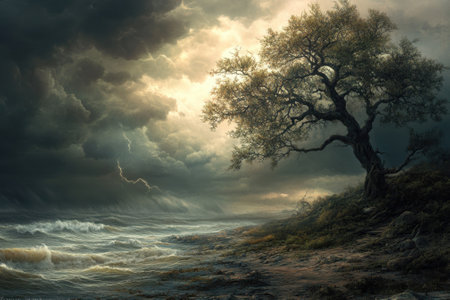 A gnarled tree stands on a rocky shore as waves crash below dark, swirling clouds at twilight.の写真素材