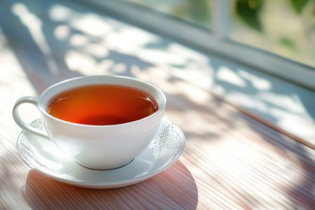 A tranquil moment features a white cup filled with tea placed on a light wooden table by a bright window.の写真素材