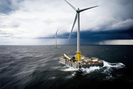 Offshore wind turbines stand tall above rough waters, showcasing renewable energy amidst dark clouds.の写真素材