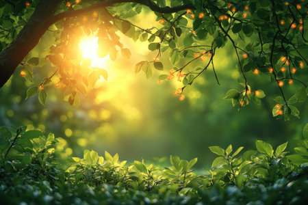 Golden sunlight illuminates a lush green forest, creating a peaceful atmosphere at dawn.の写真素材