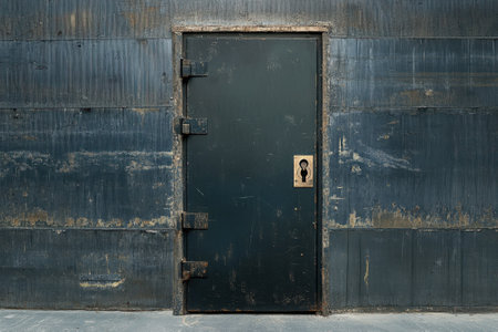 A sturdy black door secured by large metal hinges stands against a rough blue wall in a dimly lit environment.の写真素材