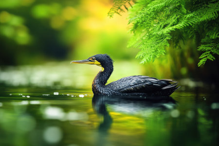 A black cormorant glides across a tranquil pond surrounded by lush green foliage under bright sunlight.の写真素材