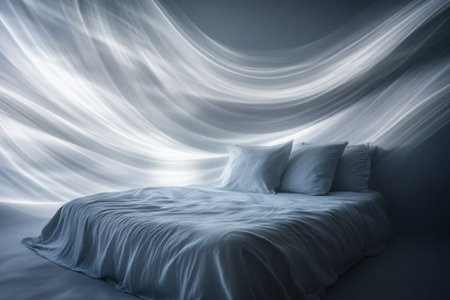 A serene bedroom features a soft bed with flowing fabrics that create a calming atmosphere at dawn.の写真素材