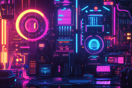High-tech background features glowing circuits and neon lights in various colors, creating a futuristic vibe.の写真素材