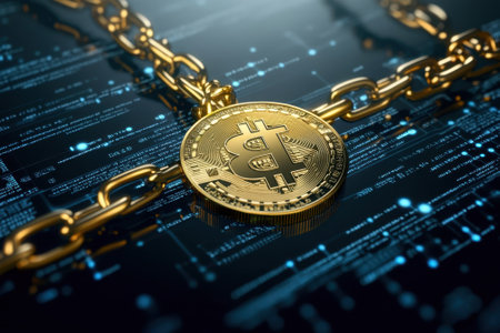 A golden bitcoin coin rests on a digital blockchain background filled with intricate data patterns.の写真素材