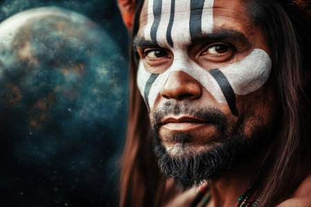 A man adorned with striking tribal face paint looks intensely into the distance, surrounded by a cosmic scene.の写真素材