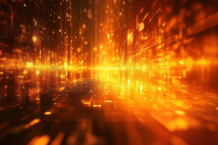 A striking digital environment with radiant orange light creating a warm, immersive atmosphere.の写真素材